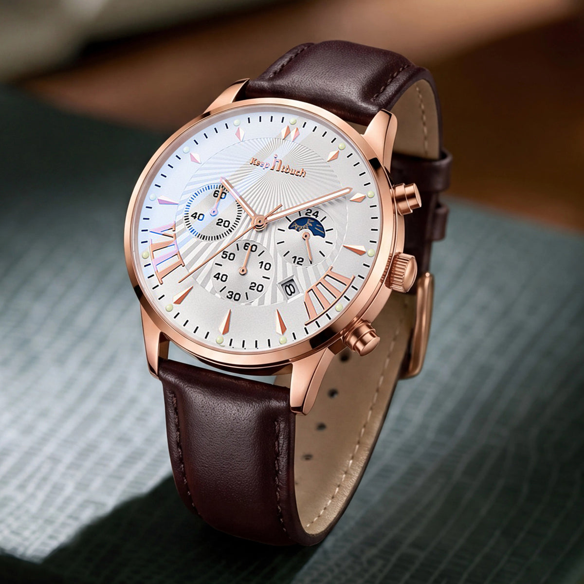 KnT-1022 Leather Chronograph Watch - Brown Rose Gold Silver