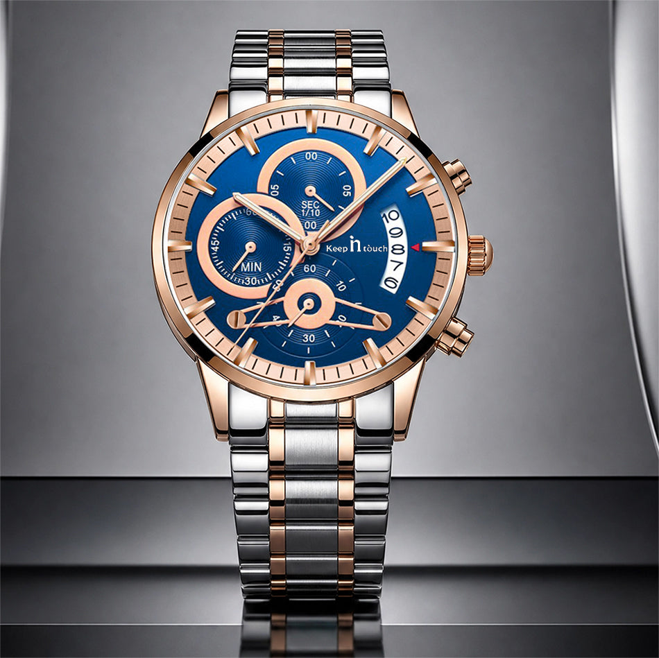 KnT-1025 Moonphase Chronograph Watch - Silver Rose Gold Blue