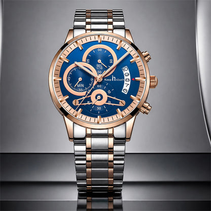 KnT-1025 Moonphase Chronograph Watch - Silver Rose Gold Blue