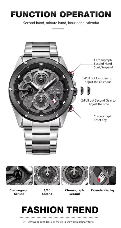 CA-8895 Metal Bracelet Chronograph Watch - Silver Black