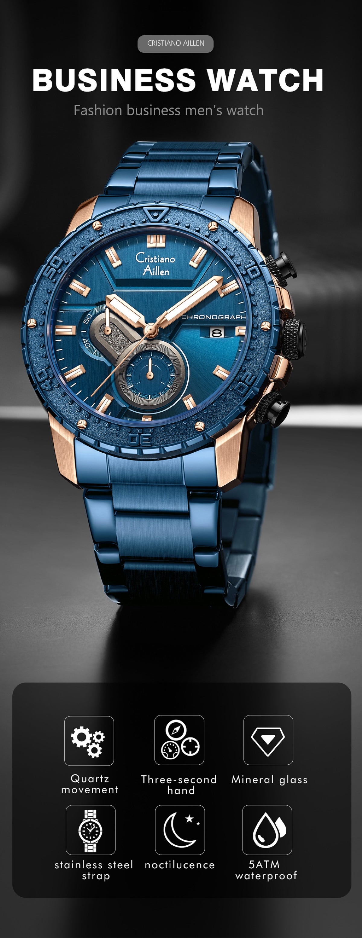 CA-8900 Chronograph Watch - Blue Rose Gold