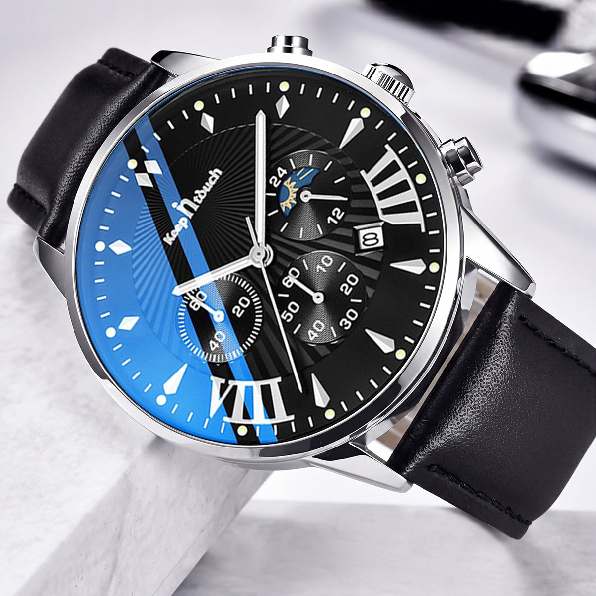 KnT-1022 Leather Chronograph Watch - Black Silver Black