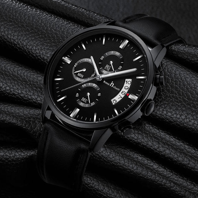 KnT-1023 Leather Chronograph Watch - Black-Blue