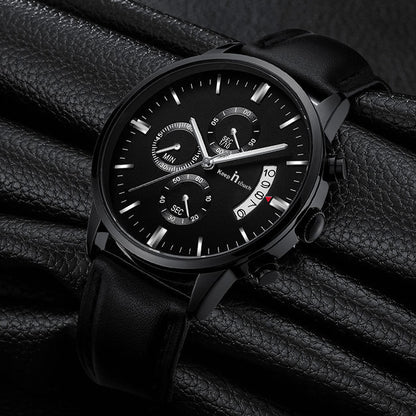 KnT-1023 Leather Chronograph Watch - Black-Blue