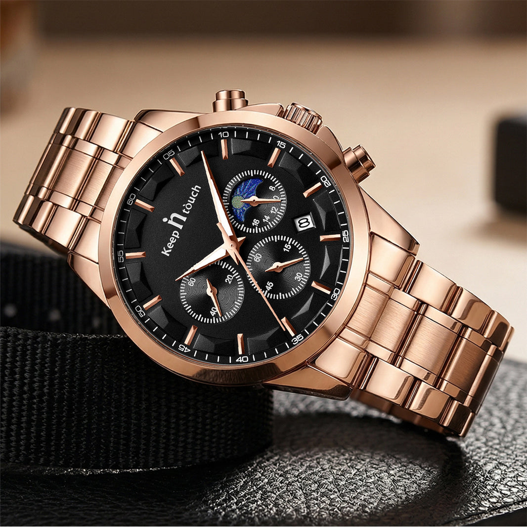 KnT-1026 Moonphase Multifunction Watch - Rose Gold Black - Rose Gold Black