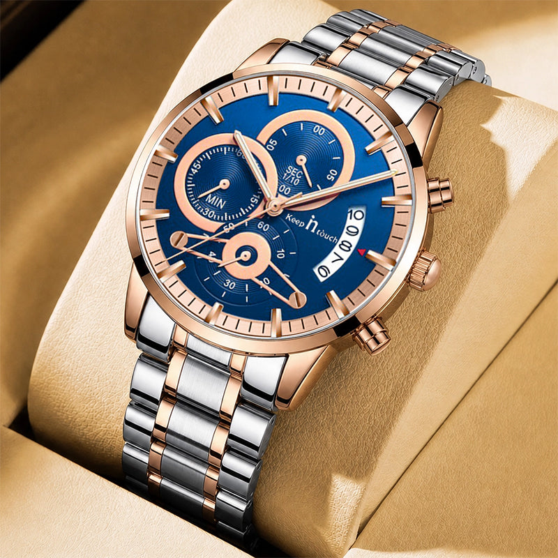 KnT-1025 Moonphase Chronograph Watch - Silver Rose Gold Blue