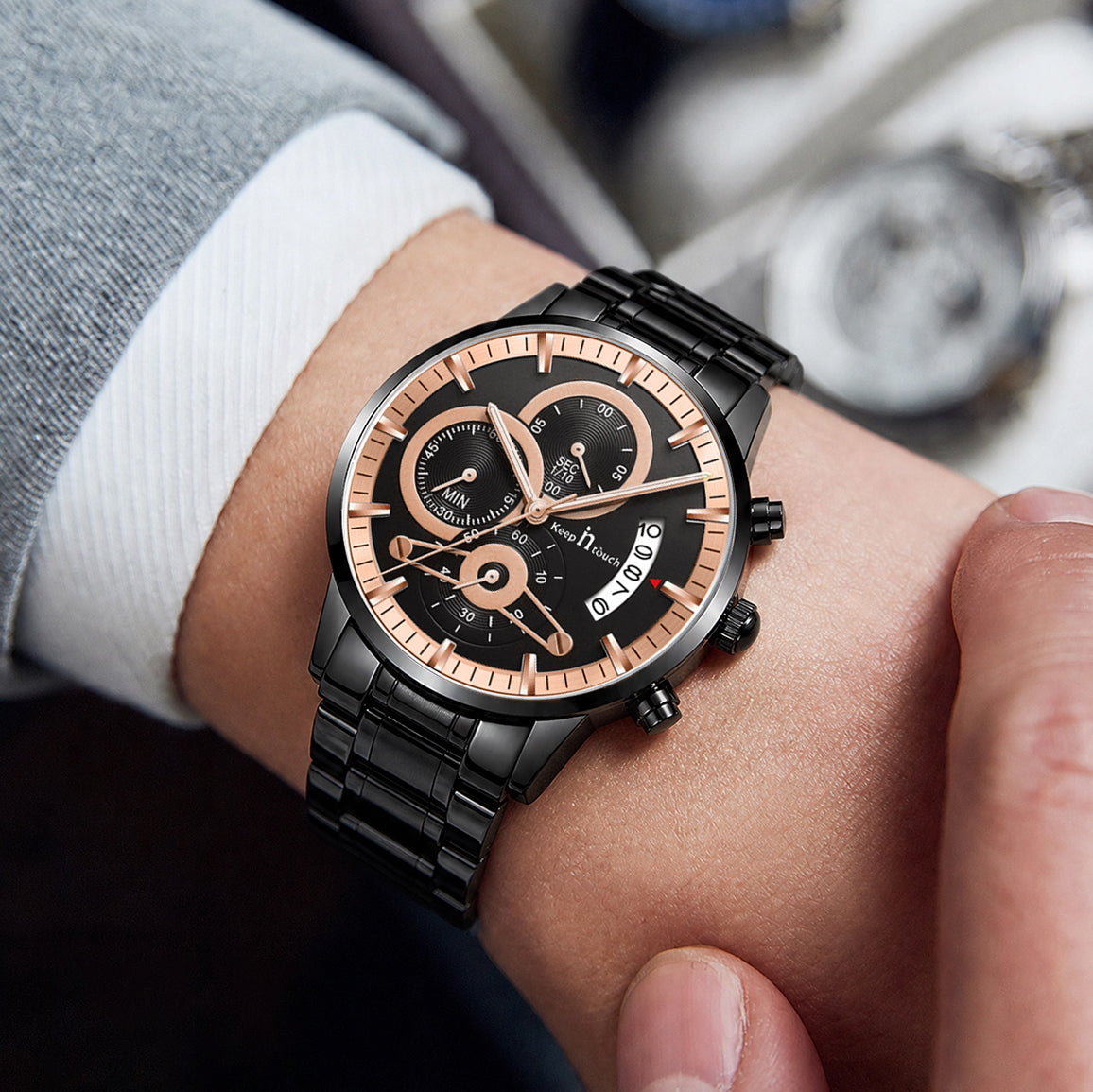 KnT-1025 Moonphase Chronograph Watch - Black Rose Gold Black