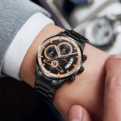 KnT-1025 Moonphase Chronograph Watch - Black Rose Gold Black