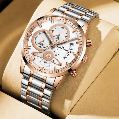 KnT-1025 Moonphase Chronograph Watch - Silver Rose Gold White