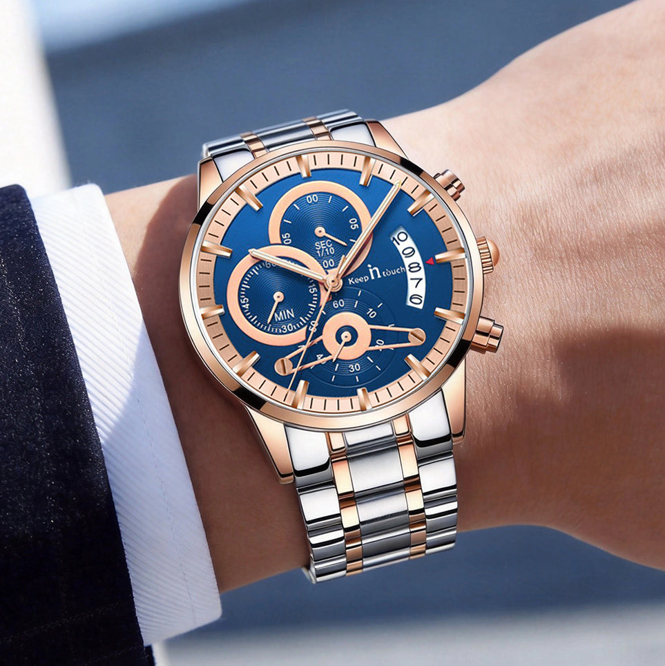 KnT-1025 Moonphase Chronograph Watch - Silver Rose Gold Blue