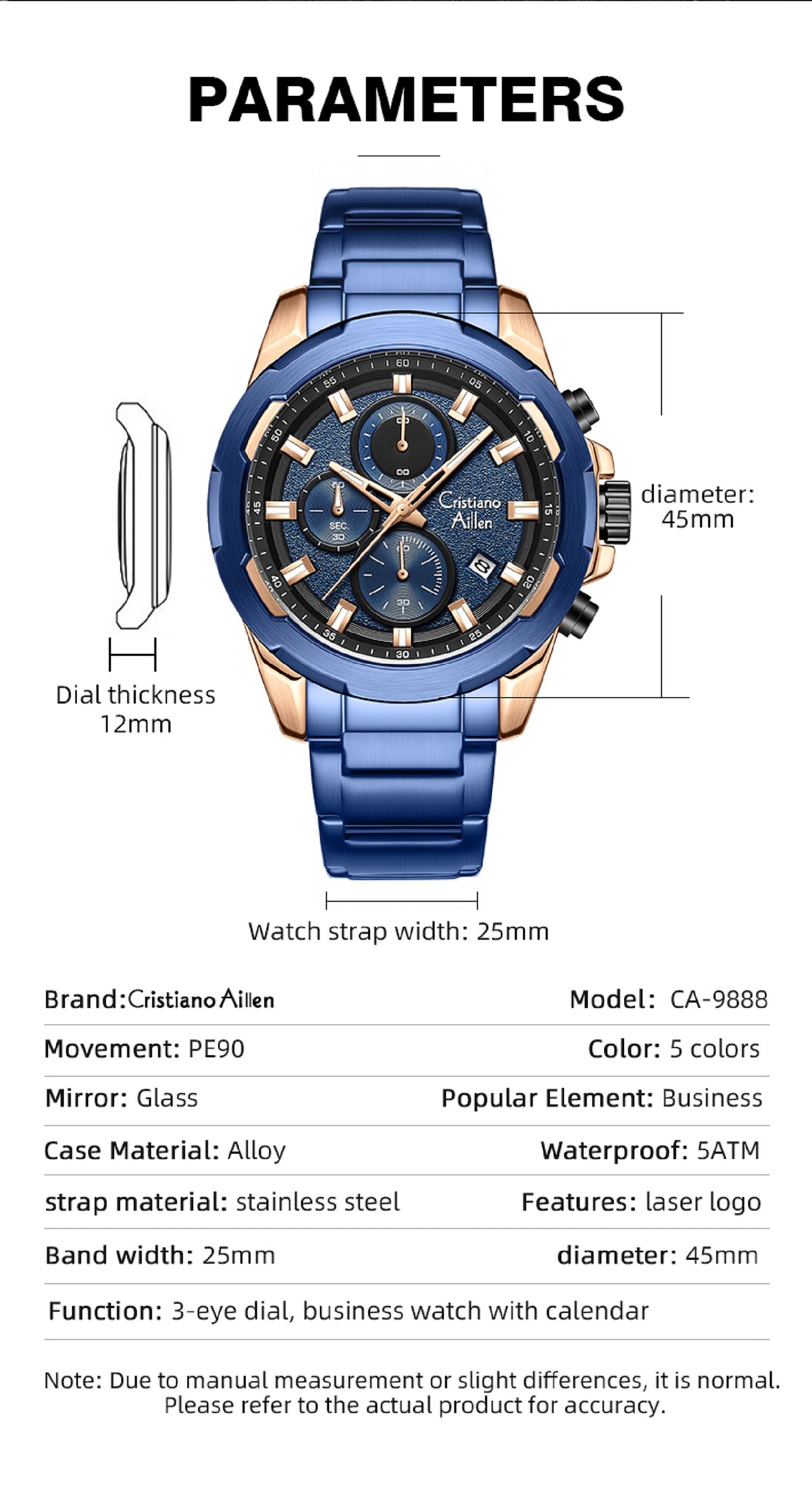 CA-8888 47mm Chronograph Watch - Blue Rose Gold