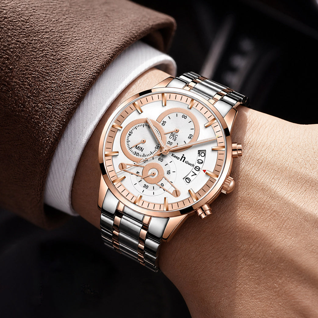 KnT-1025 Moonphase Chronograph Watch - Silver Rose Gold White