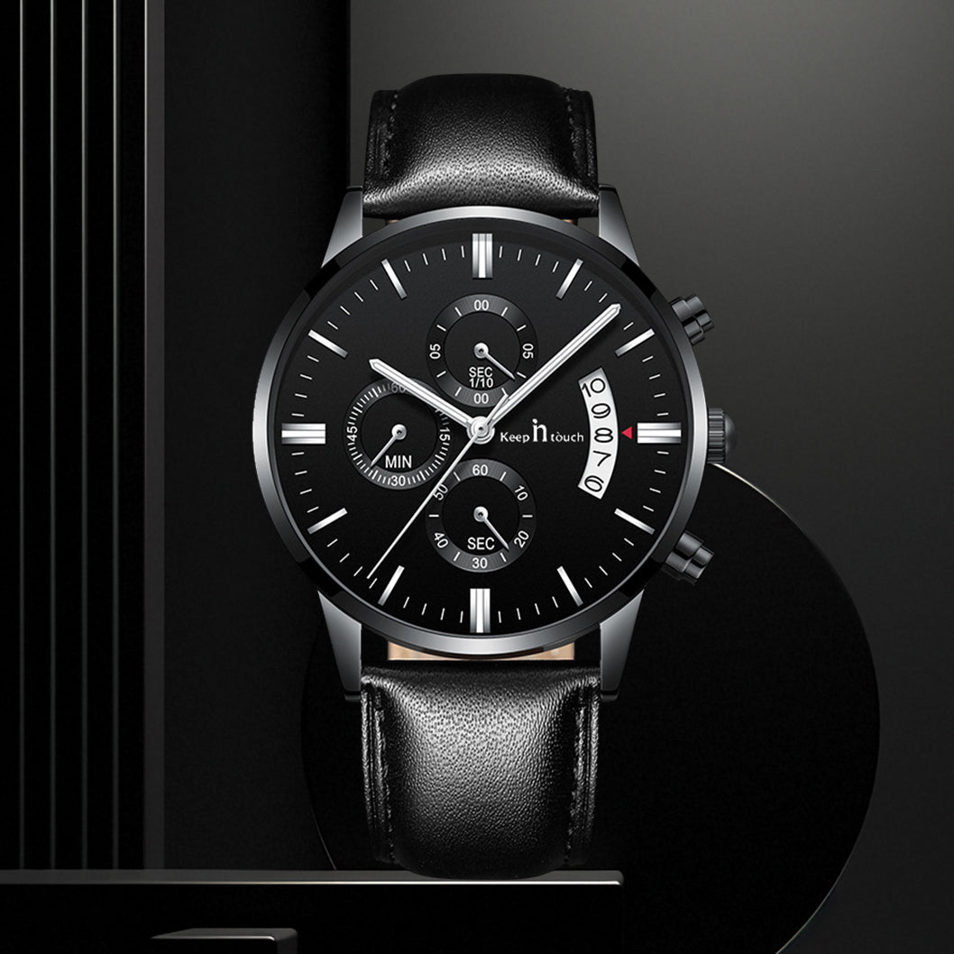 KnT-1023 Leather Chronograph Watch - Black-Blue