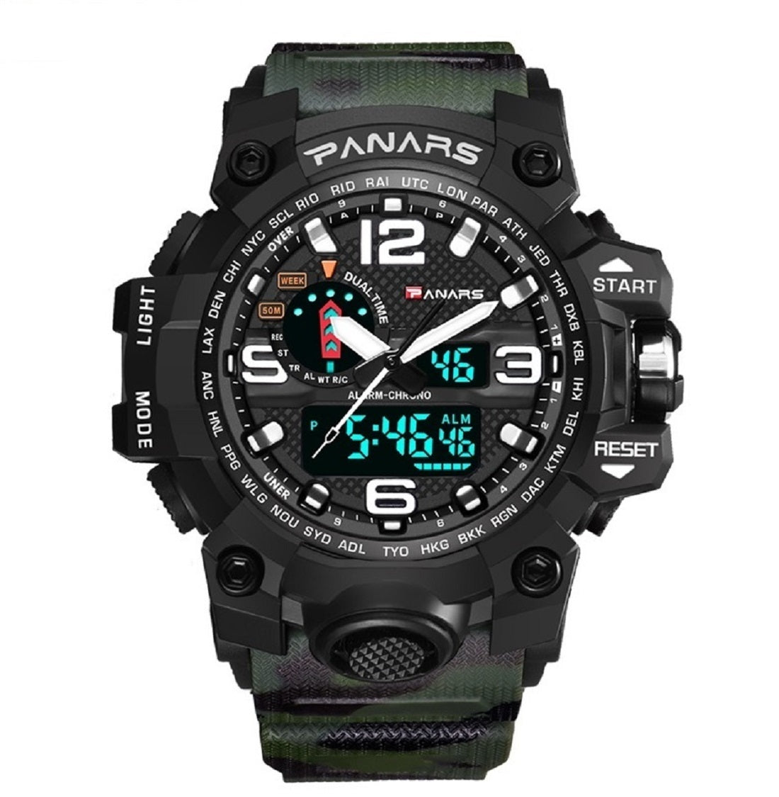 PANARS PNRS-8202 Dark Camo Green dual time sports watch for men - front view