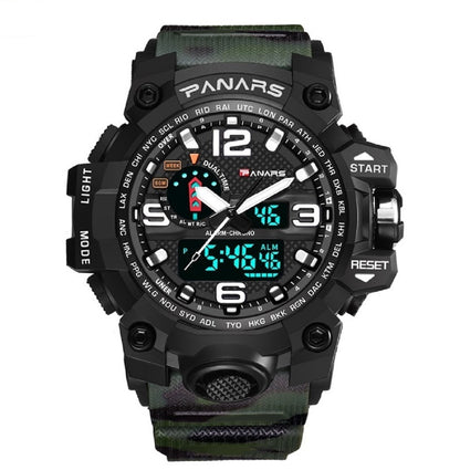 PANARS PNRS-8202 Dark Camo Green dual time sports watch for men - front view