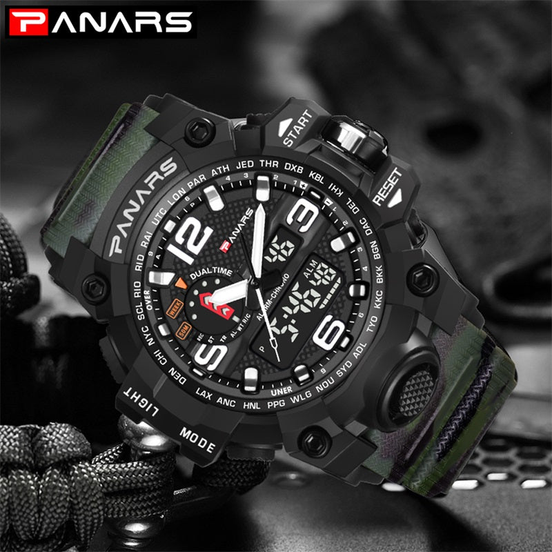 PANARS PNRS-8202 Dark Camo Green dual time sports watch for men - watch feature detail