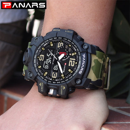 PANARS PNRS-8202 Camo Green dual time sports watch for men - watch side view