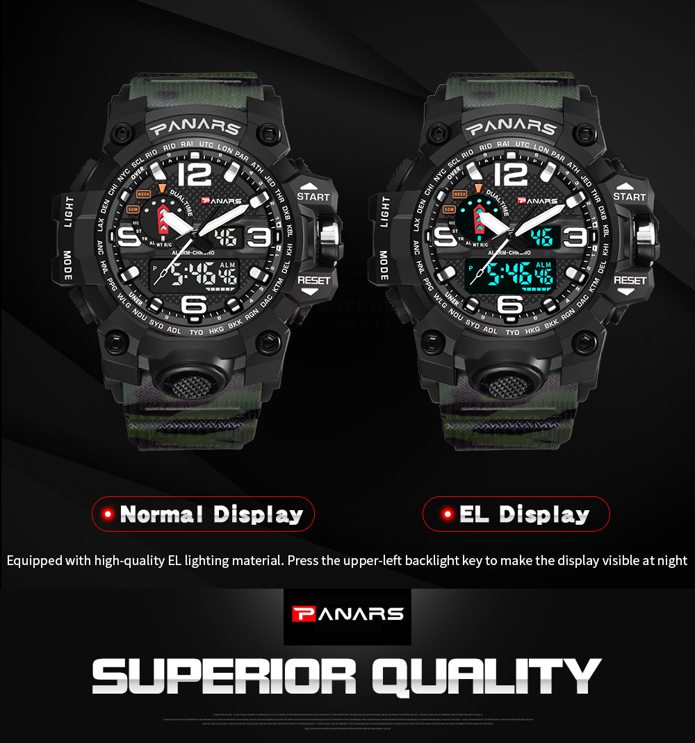 PANARS PNRS-8202 Dark Camo Green dual time sports watch for men - watch side view