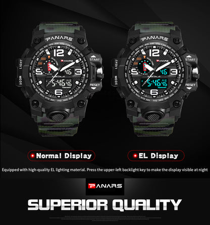 PANARS PNRS-8202 Dark Camo Green dual time sports watch for men - watch side view