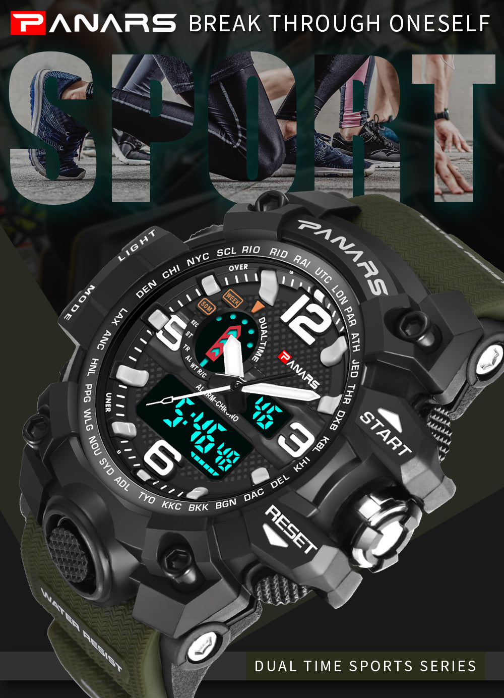PANARS PNRS-8202 Green dual time sports watch for men - watch side view