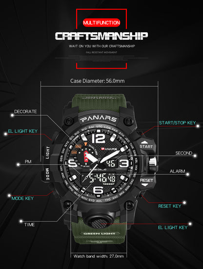 PANARS PNRS-8202 Dark Camo Green dual time sports watch for men - watch close-up