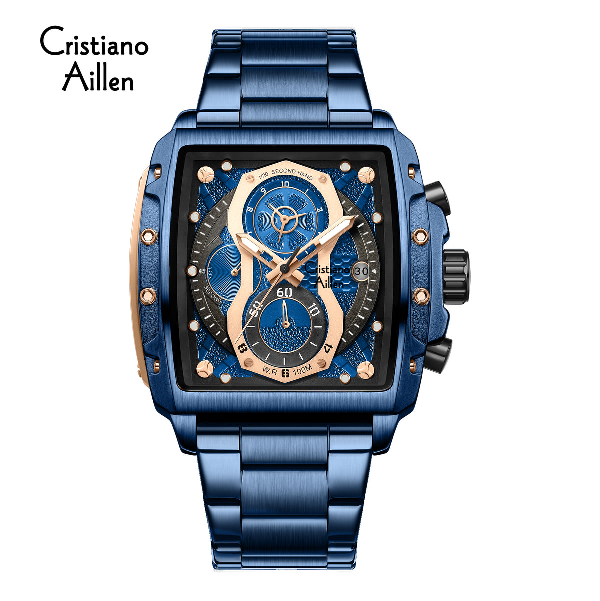 Cristiano Aillen CA-8916 blue rose gold chronograph watch for men