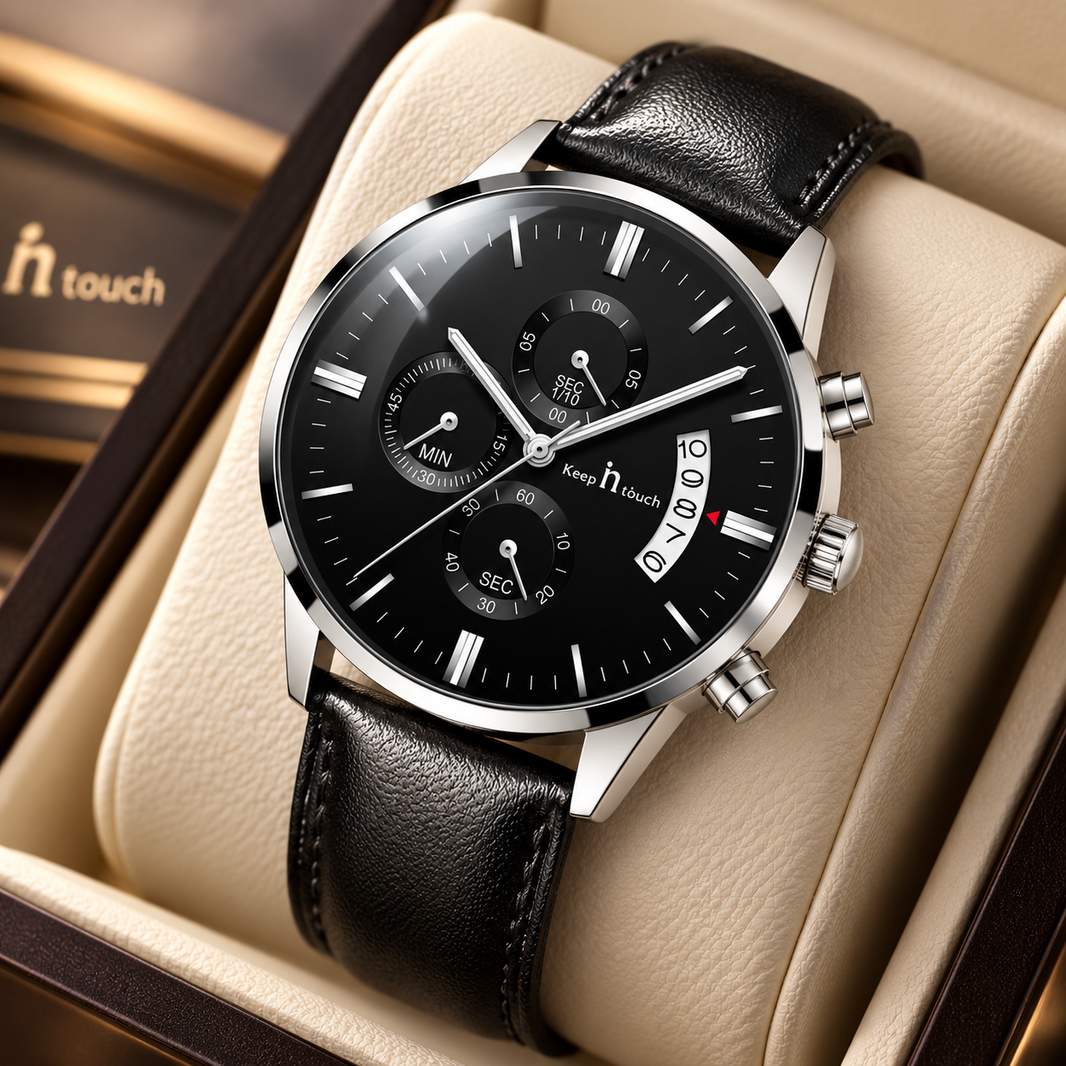 KnT-1023 Leather Chronograph Watch - Black Silver Black - Black Silver Black