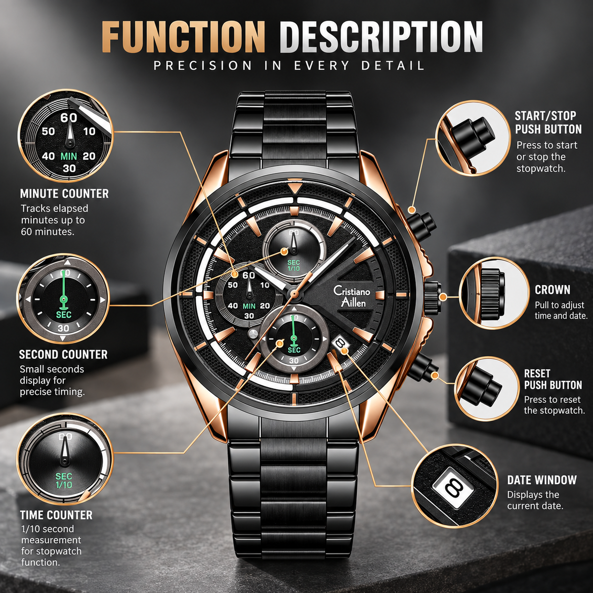 CA-8890 Multifunction Analog Watch - Black Rose Gold