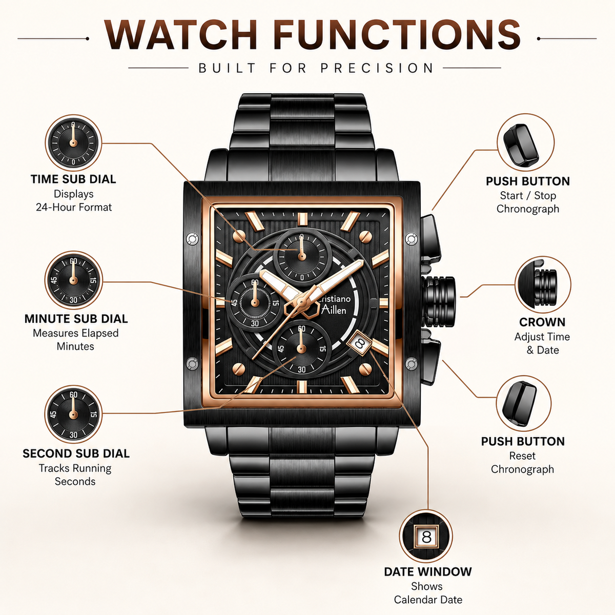 CA-9844 Chronograph Watch - Black Rose Gold