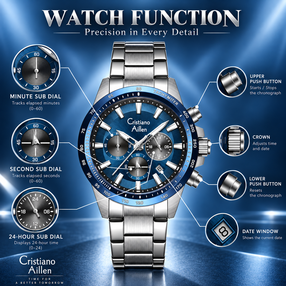 CA-8891 Multifunction Analog Watch - Silver Blue