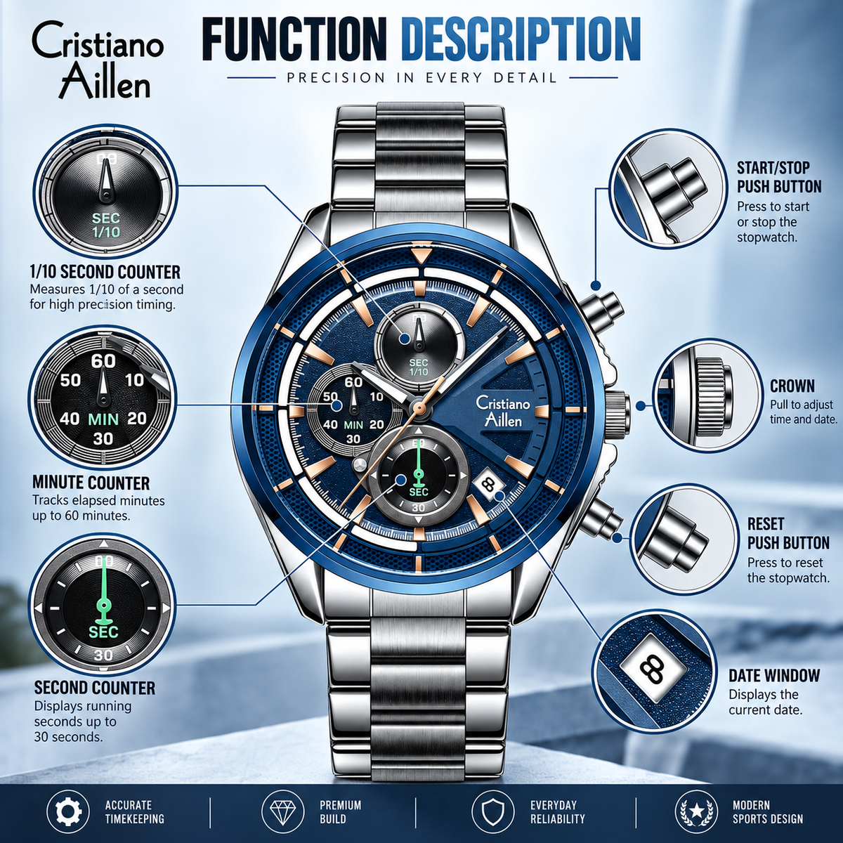CA-8890 Multifunction Analog Watch - Silver Blue