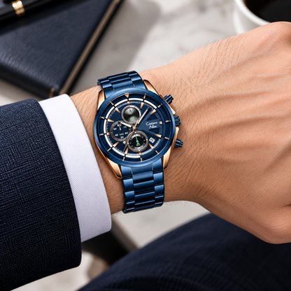 CA-8890 Multifunction Analog Watch - Blue Rose Gold