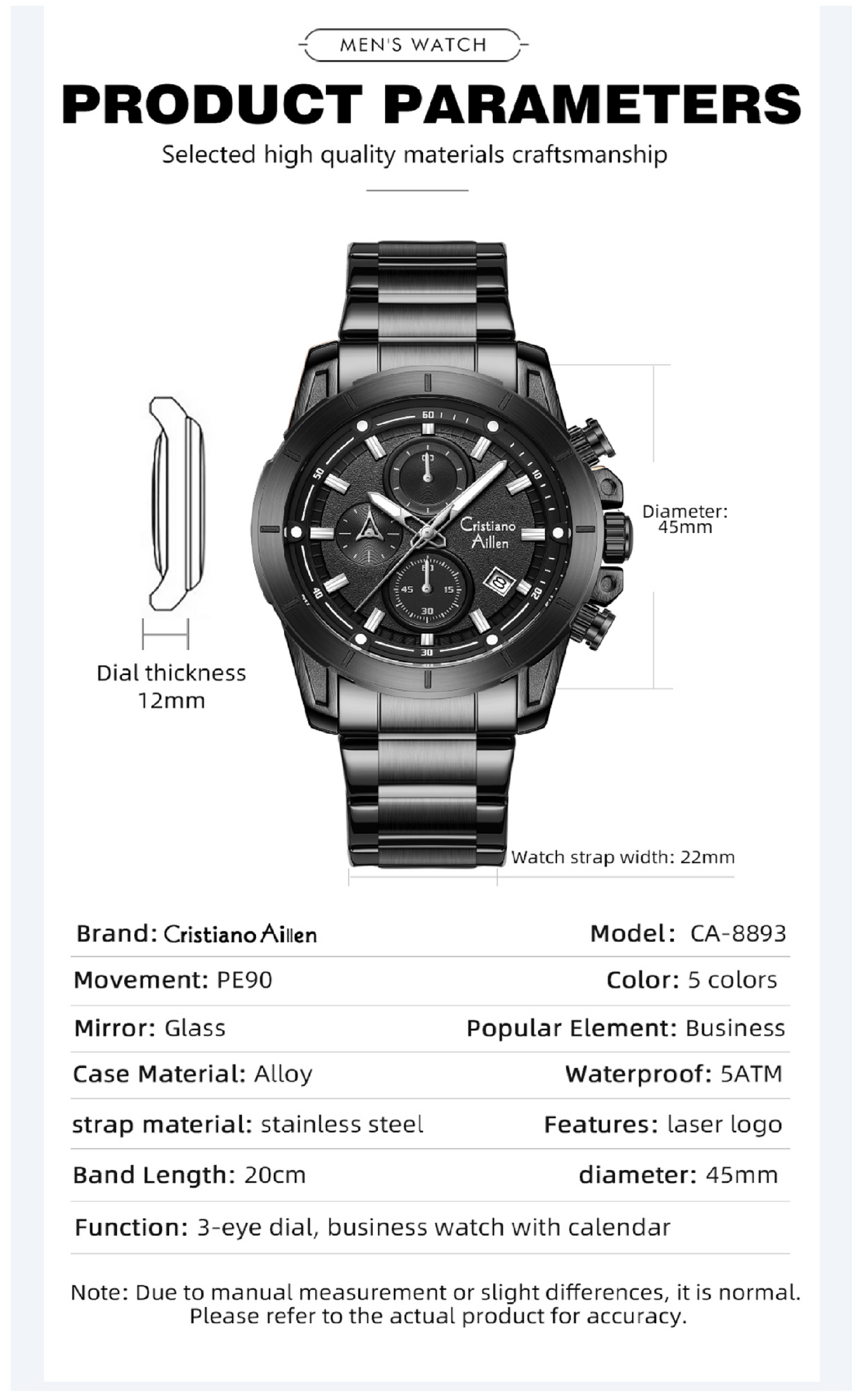 CA-8893 Multifunction Chronograph Watch - Black