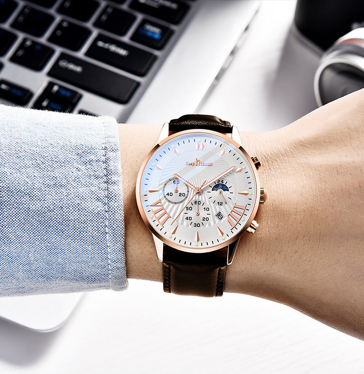 KnT-1022 Leather Chronograph Watch - Brown Rose Gold Silver