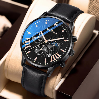 KnT-1022 Leather Chronograph Watch - Black-Blue