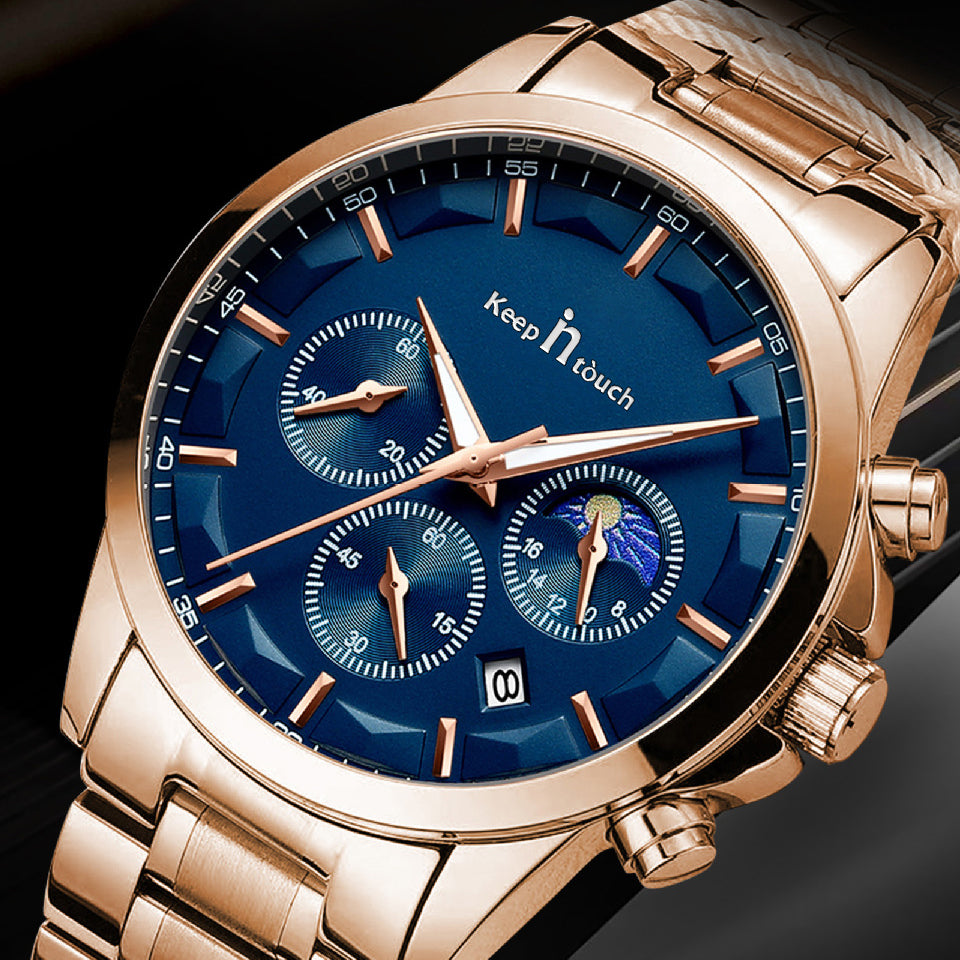 KnT-1026 Moonphase Multifunction Watch - Rose Gold Blue